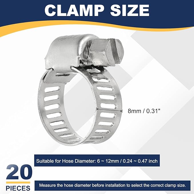 PATIKIL 20 Pcs Adjustable Hose Clamps,1/4"-1/2" (6mm-12mm) 304 Stainless Steel Worm Gear Drive Duct Pipe Clamp for Plumbing Automotive Mechanical Hose Connections, Silver