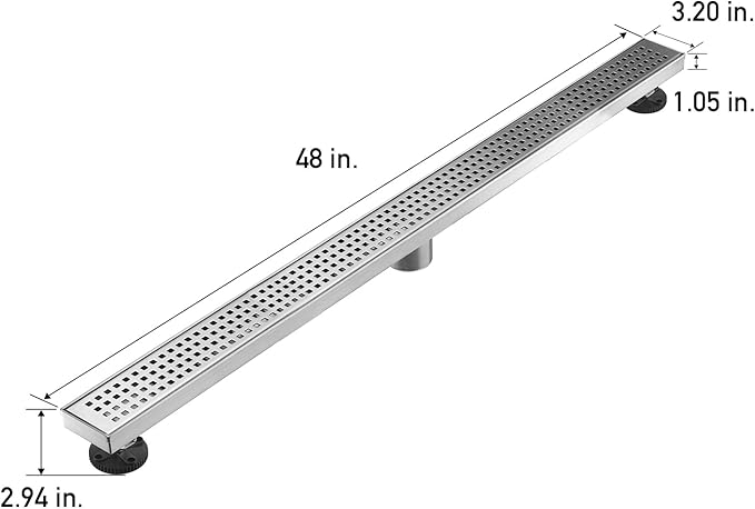 Linear Shower Floor Drain, Brushed Nickel 48 Inch 304 Stainless Steel Bathroom Drains Kit, Long Rectangular Shower Trench Drain with Square Pattern Drain Cover & Hair Catcher
