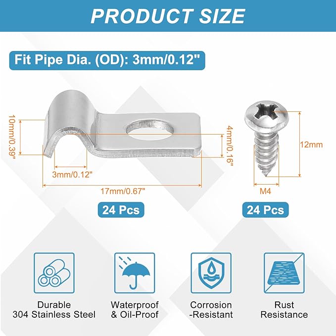 uxcell 24Pcs 3mm(1/8") One Hole Rigid Pipe Strap, 304 Stainless Steel Conduit Clamp Thicken U Bracket Heavy Duty Pipe Clamp with Self-Tapping Screws for Fixing Tube Cable, Silver