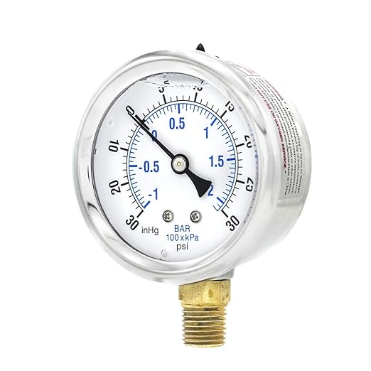 PIC Gauges PRO-201L-254CC Bottom Mount Glycerin Filled Dual Scale Pressure Gauge w/ SS Case/Bezel, Brass Internals, Plastic Lens, 2.5" Dial, 30-0-30 psi Range, 1/4" Male NPT