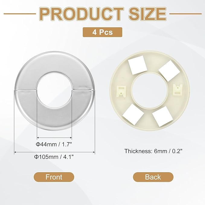 PATIKIL Wall Split Flange 105mm / 4.1" OD, 4 Pcs Round Escutcheon Plate Cover PPR Plumbing Cover Plates with Self-Adhesive Tape for 44mm / 1.7" Dia Water Pipe Faucet, Silver