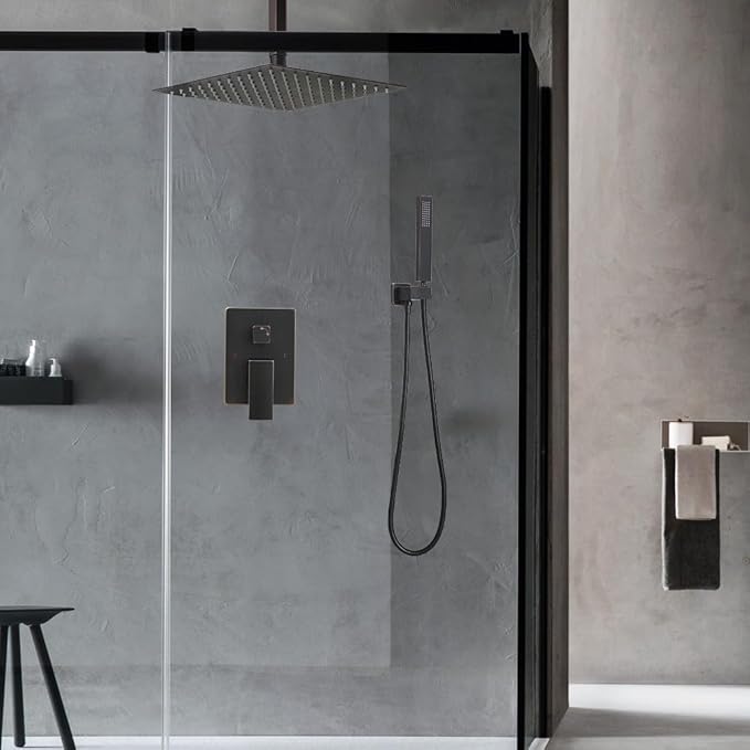 12 Inch Ceiling Mount Oil Rubbed Bronze Shower System Bathroom Luxury Rain Mixer Shower Combo Set Ceiling Rainfall Shower Head System (Contain Shower Faucet Rough-in Valve Body and Trim Kit)