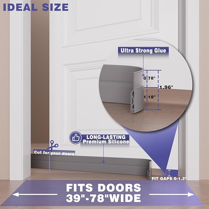 Door Draft Stopper,Adjustable Door Sweep for Bottom of Door,Silicone Weather Stripping Door Bottom Seal Blocker Air Noise, Under Door Gap Filler for Interior/Exterior Doors(Grey, 78inch)
