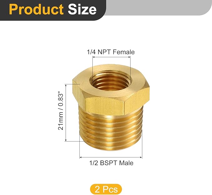 uxcell 2Pcs 1/2 BSPT Male x 1/4 NPT Female Brass Reducer Hex Bushing Threaded Pipe Fitting, Brass Threaded Pipe Fitting Adapter for Water, Gas, Oil Pipeline Systems