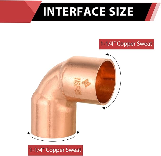 EFIELD 1-1/4" C X C Short Radius Copper 90 Degree Elbow, LF Copper Plumbing Fittings with Sweat Solder Connection,(COPPER076)