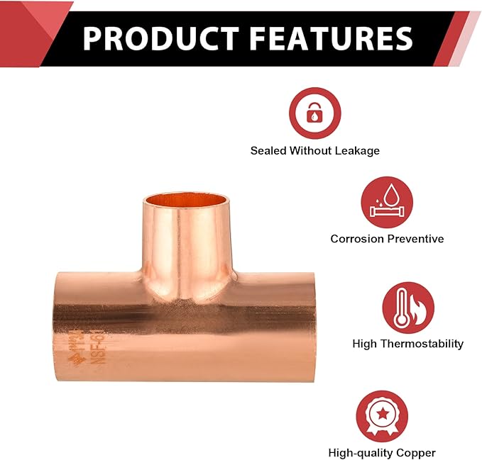 (Pack of 5) EFIELD 1" x 1" x 3/4" C X CX C Copper Tee, LF Copper Plumbing Fittings with Sweat Solder Connection,(COPPER013)