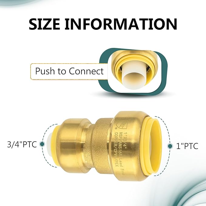 (Pack of 5) Niikappu 1" x 3/4" Reducing Coupling Brass Fittings, Push-to-Connect Plumbing Fitting for Pex, Copper, CPVC, Includes Removal Clip(PF144-5Pack)