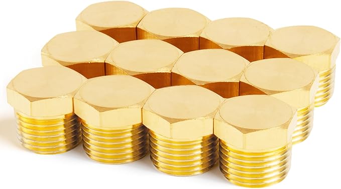 ChillWaves Brass Pipe Fitting, Outer Hex Head Socket Pipe Plug Fitting 1/2" NPT Male Thread Adapter(12-PACK)