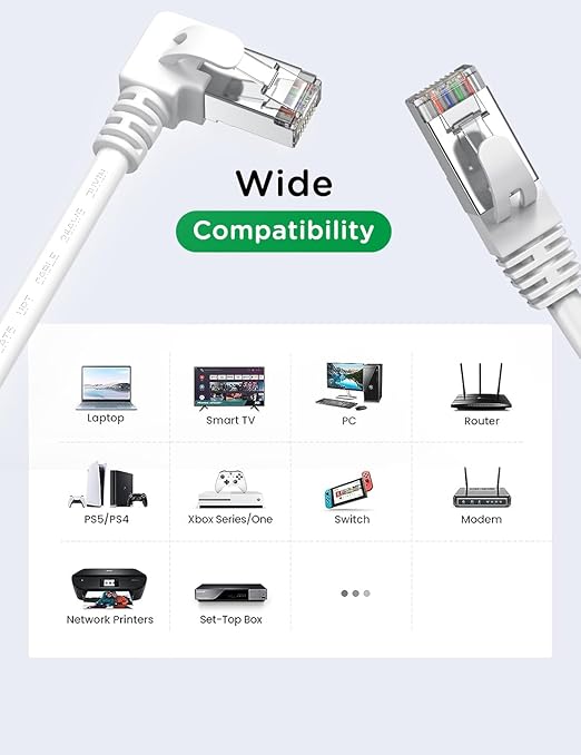 90 Degree Cat6 Ethernet Cable Rightangle White 6FT Right Angle CAT 6 Ethernet Patch Cable Gigabit RJ45 Network Internet Cable for Mac,PC, Router, Modem, Printer, Xbox, PS4, PS3