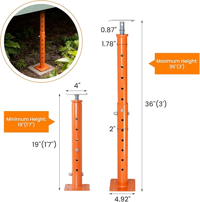 Adjustable Support Jack Post, 4-Pack 2-Ton Screw Jack Stand for House Floor Leveling, Beam Support, Deck & Shed Leveling, 4400 lbs Capacity, 19 to 36 Inch, Orange