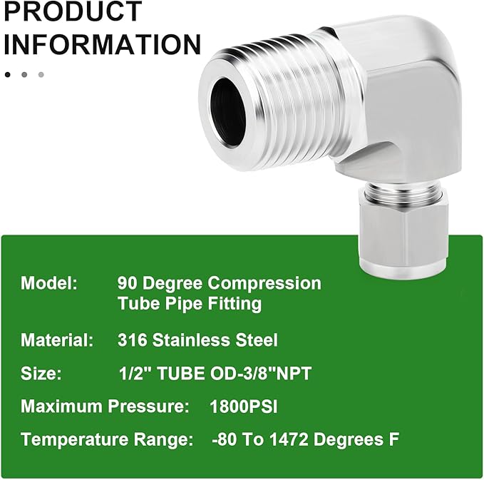 TAISHER 1PCS 316 Stainless Steel 90 Degree Compression Tube Pipe Fitting Connector, 1/2" Tube OD x 3/8" NPT Male Adapter