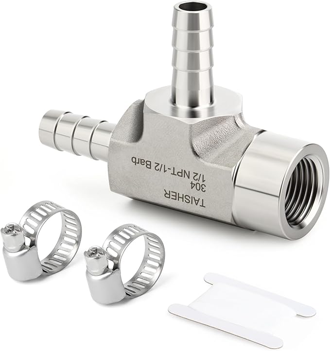 TAISHER 1PCS Forging of 304 Stainless Steel 3 Way Tee Hose Barb Fitting, 1/2" Hose Barb x 1/2" Hose Barb x 1/2" NPT Female for Fuel/Air/Lquid/Gas with 2PCS Hose Clamp
