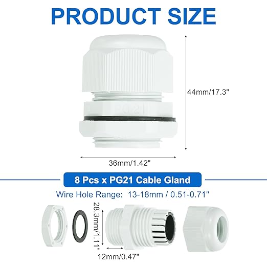 MECCANIXITY 8 Pcs PG21 Cable Gland, 13-18mm Wire Hole Strain Relief Joint for Cable Fixing, Wiring, Repairing, Gland Replacement, Electrical Appliances, White