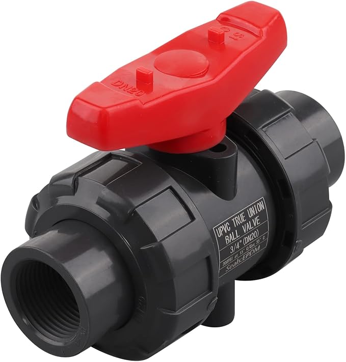 DERNORD PVC True Union Ball Valve NPT Threaded with Full Port, EPDM O-Rings, and Reversible PTFE Seats, Rated at 200 PSI (3/4 Inch NPT Threaded)