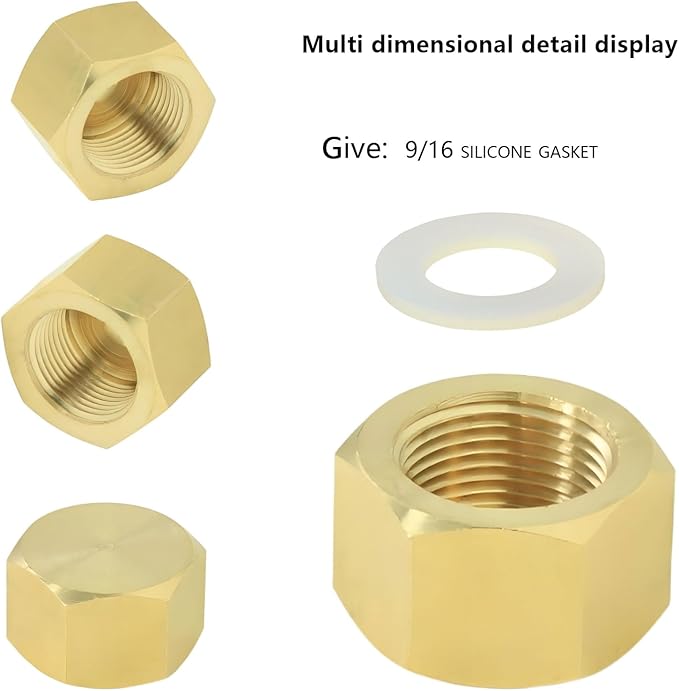 9/16" Female Threaded Plug End Cover, Brass Hex Socket End Cover Fitting, Blanked Stop Nut Cover, Globe Valve Cover. For angle valves, kitchen faucets, RV water pipe joints. 2 pieces.