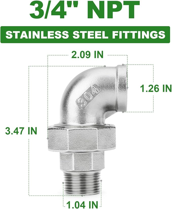 TAISHER 2PCS 304 Stainless Steel 90 Degree Elbow Union，3/4" NPT Female x 3/4" NPT Male Cast Pipe Fitting