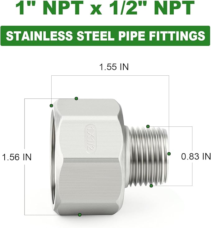 TAISHER 5PCS 304 Stainless Steel Pipe Fitting, Reducer Adapter, 1/2" NPT Male x 1" NPT Female, Reducing Pipe Adapter Fitting