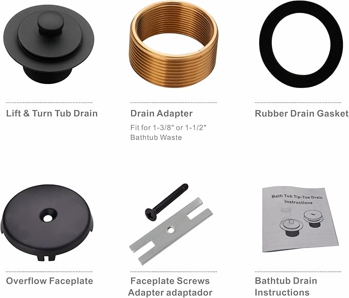 Black Bathtub Drain Conversion Kit Assembly with Single Hole Overflow Faceplate, Wellup All Metal Lift and Turn Tub Drain Twist Trim Kit with Universal Fine/Coarse Thread(Matte Black)