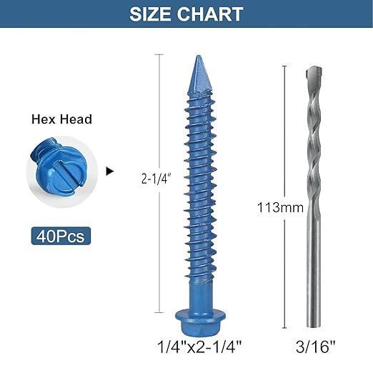 1/4x2-1/4 Inch 40PCS Hex Head Concrete Screws, Screws Anchor with Drill Bit,for Masonry, Block, Brick, Cement, Stucco, No Pre Drilling, Diamond Point