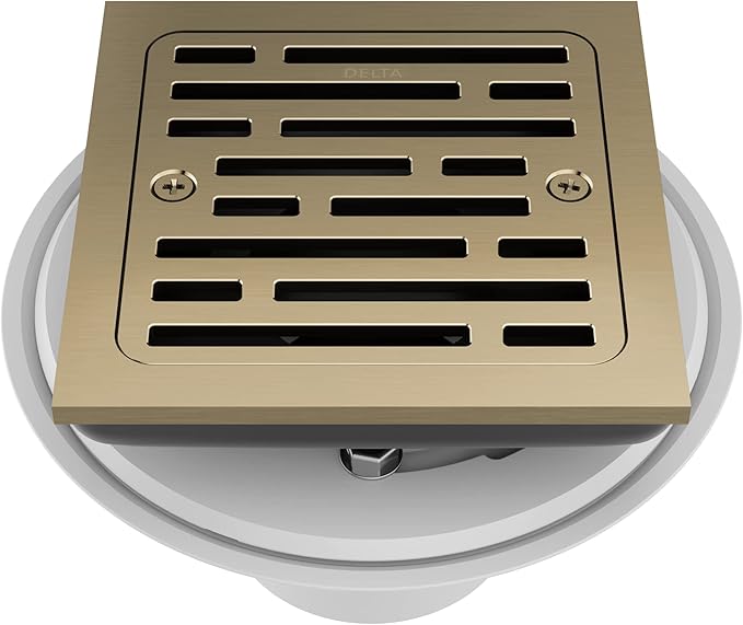 Delta Faucet 4 Inch Tile-In Square Shower Floor Drain Gold, Shower Drain Kit, Square Shower Drain, Chrome Shower Drain, Shower Floor Drain, Champagne Gold DT062412-CZ