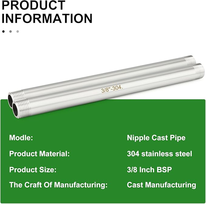 TAISHER 2PCS Stainless Steel Pipe Fittings, 3/8" BSP Male x 3/8" BSP Male Threaded, 8" Length Nipple Cast Pipe