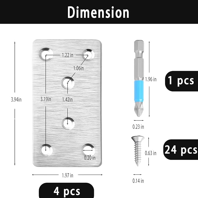 4 Pcs Mending Plate, 3.94 x 1.97 inch Stainless Steel Flat Plates with Holes, Straight Metal Mounting Braces Brackets Kit for Furniture, Wood Joint Connector (Silver, 3.94 inch)