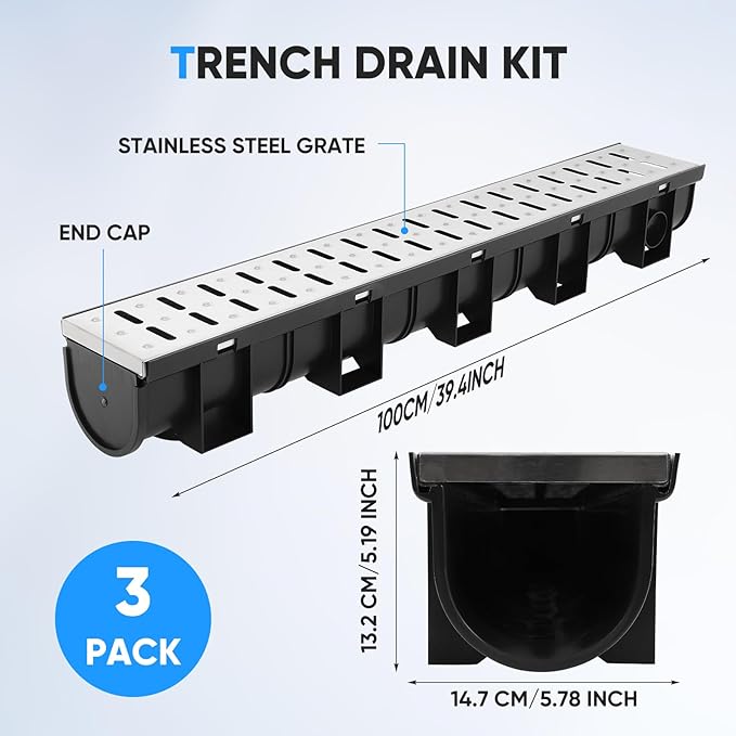 FAHKNS Trench Drain System, HDPE Channel Drainage with 304 Stainless Steel Metal Grate, Durable Garage Flooring Drain for Driveway, Garden, Patio, Pool Deck, Easy to Install, Corrosion-Resistant