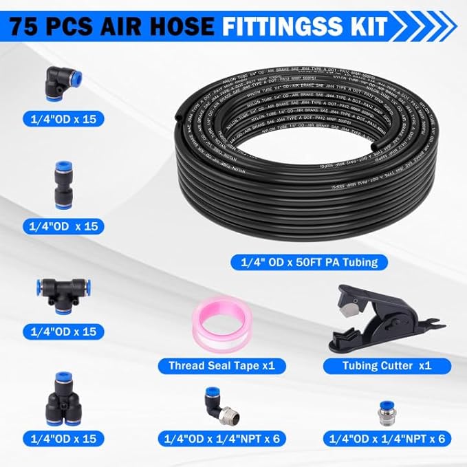 1/4" Air Line Tubing Kit, 50 FT(15M) DOT Air Line PA Nylon Tubing with Push to Connect Fittings, 1/4 Inch OD Quick Connect Air Hose Kit for Compressor Accessories System (75 Pcs)