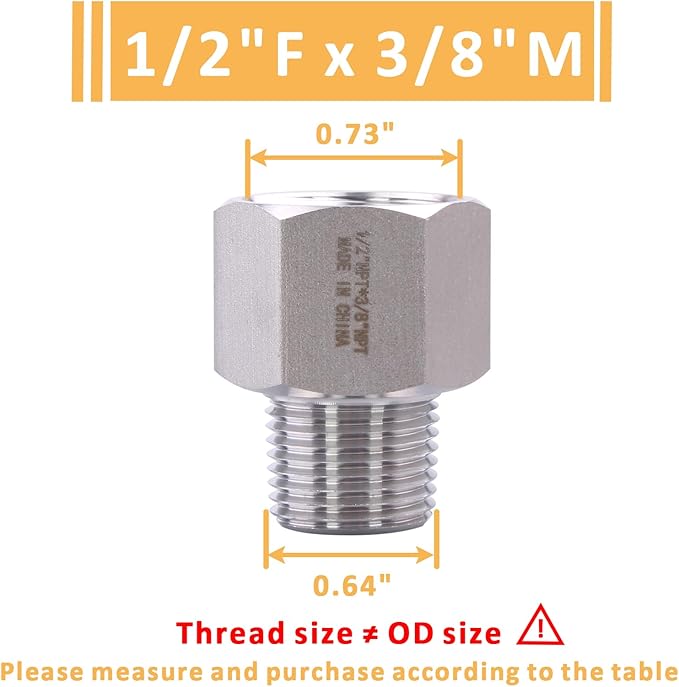 Forged Reducer Adapter Fitting - Stainless Steel 304 Reducing Pipe Connector, 1/2" NPT Female x 3/8" NPT Male (pack of 5)