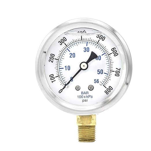 PIC Gauge PRO-201L-254L 0-800 PSI Pressure Gauge, 2 1/2" Dial, 1/4" Male NPT Connection, Bottom Mount, Dual Scale, Glycerin Filled, Stainless Steel Case/Bezel, Brass Internals & Plastic Lens