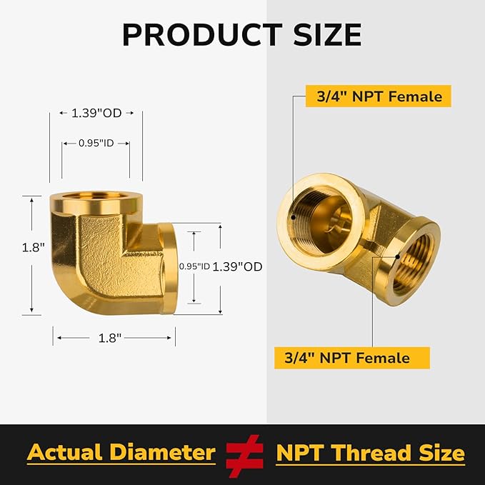 3/4" × 3/4" NPT Female 90 Degree Elbow, Brass Pipe Fitting, Street Elbow for Gas, Air, Oil, Propane, 1200 PSI (1 Pack)