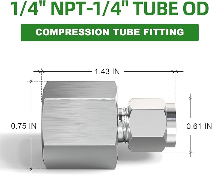 TAISHER 2PCS 304 Stainless Steel Compression Tube Pipe Fitting Connector, 1/4" Tube OD x 1/4" NPT Female Straight Adapter