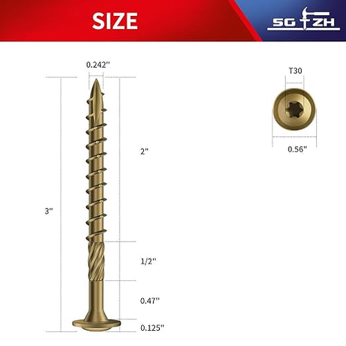 #14 x 3 Inch Lag Screws (39Pcs) 1lb. Structural Wood Screw, Bronze, Carbon Steel, Washer Head, Rust Resistant epoxy Coated, T30 Star Bit