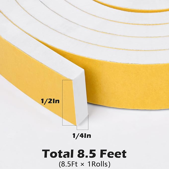 ToLanbbt White Door Window Weather Stripping Self Adhesive Foam Tape High Density Foam Sealing Strip Window Insulation Weatherproof Gasket Tape for Doors and Windows (1/2" W X 1/4" T X 8.5')
