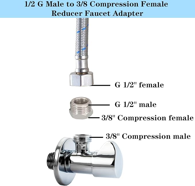 1/2” G Male to 3/8” Compression Female Nickel Plated Brass Reducer Faucet Adapter Water Supply Line Adapter for Kitchen Bathroom Plumbing Pipe 4PCS