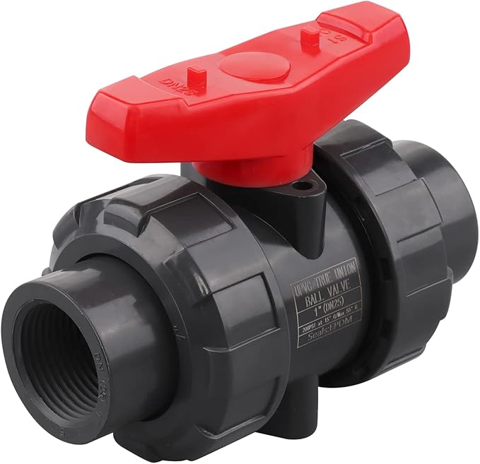 DERNORD PVC True Union Ball Valve NPT Threaded with Full Port, EPDM O-Rings, and Reversible PTFE Seats, Rated at 200 PSI (1 Inch NPT Threaded)