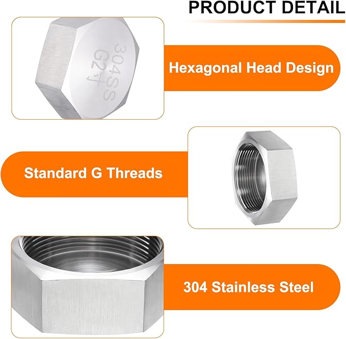 uxcell Hex End Cap 304 Stainless Steel Nut with Washer, G2" Female Thread Pipe Fitting, Gas Line Water Line Stop Valve Cap Tubing Ends for Plumbing Fittings, Silver Tone