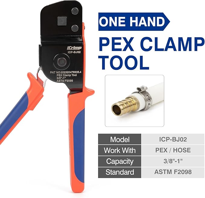 iCrimp ICP-BJ02 PEX Clamp Cinch Tool, One Handed PEX Crimping Tool for Pinching 3/8-in, 1/2-in, 3/4-in, 1-in PEX Clamp Rings, Patented