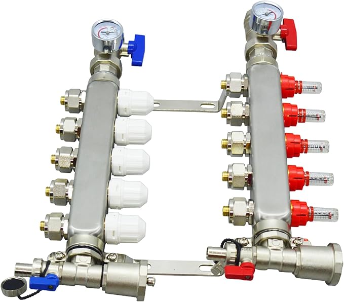 5 Branch PEX Radiant Floor Heating Manifold Set Floor Heating Water Distributor 1/2" Pipe Adapter 304 Stainless Steel and Brass, for Heating Systems
