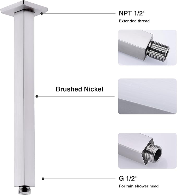 TRUSTMI Brushed Nickel Shower Arm with Flange, 16 Inch Ceiling Mount Square Rainfall Shower Head Extension Arm, Stainless Steel