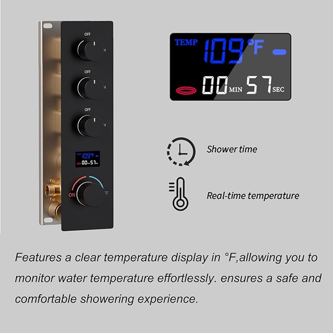 Shower Valve Concealed Shower Mixing Faucet with Temperature Display Function, Flow Control Brass Diverter Valve Kit, 3 Function Can Be Activated Simultaneously, Matte Black
