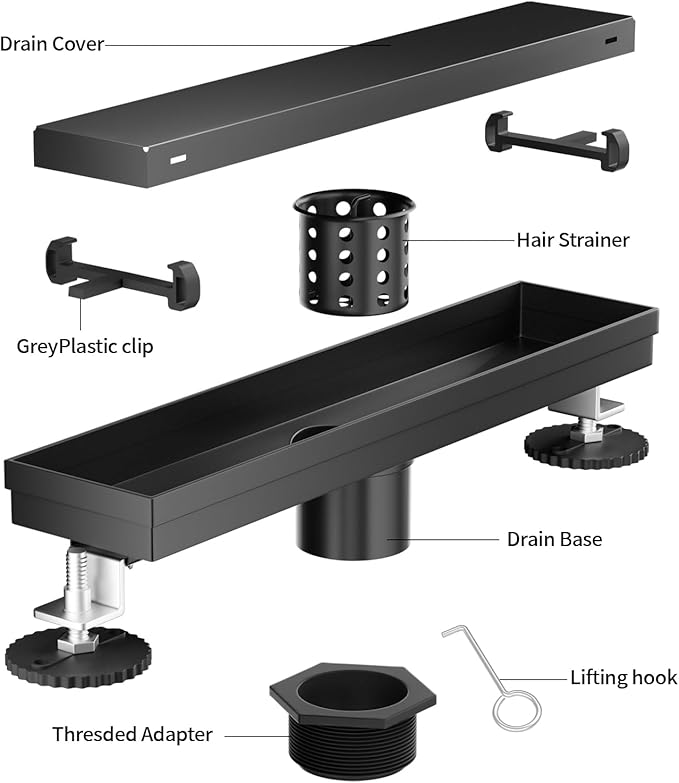 Linear Shower Drain, 304 Stainless Steel with Adjustable Leveling Feet, Hair Strainer,Reversely Install Place to Create an Invisible Floor Drain - Black -54-Inch