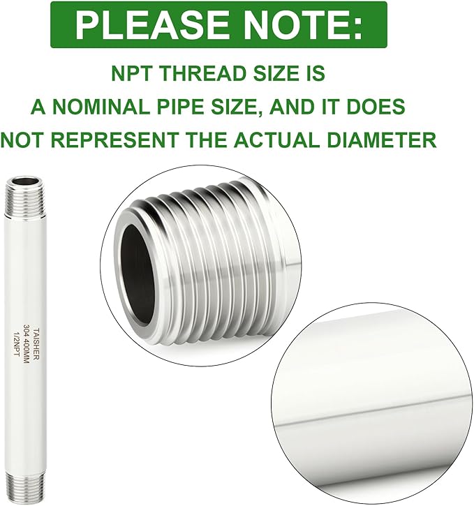 TAISHER 2PCS Stainless Steel Pipe Fittings, 1/2" NPT Male x 1/2" NPT Male Threaded, 16" Length Thickened Nipple Cast Pipe