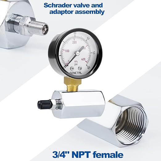 SENCTRL 0-60 Psi Gas Pressure Test Gauge, 2" Dial Size, 3/4" FNPT Connection, Brass Valve, Chrome Plated Steel Body Assembly