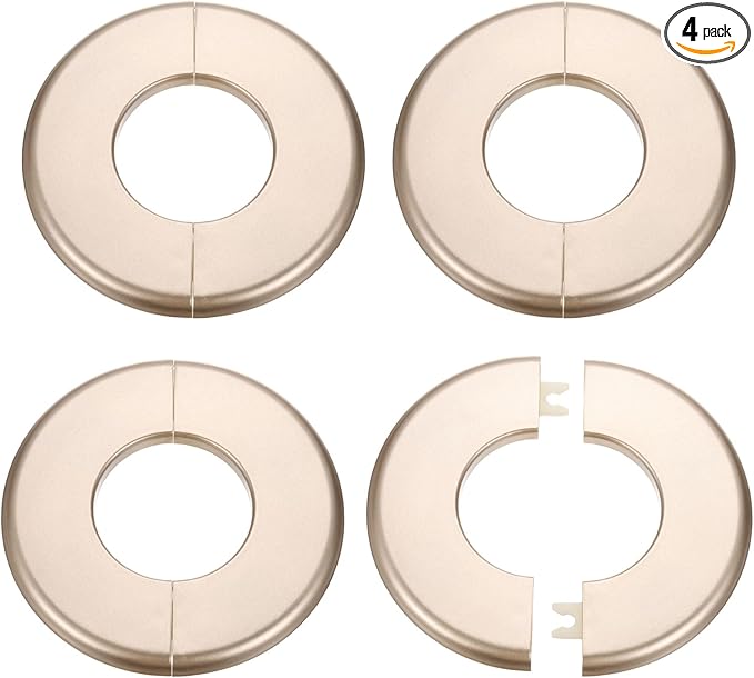 HARFINGTON 4pcs Wall Split Flange 51mm/2" Self-Adhesive Plumbing Cover Plates ABS Plastic Round Escutcheon Plate Buckle Design for Water Pipe Bathroom Kitchen Decoration, Gold Tone