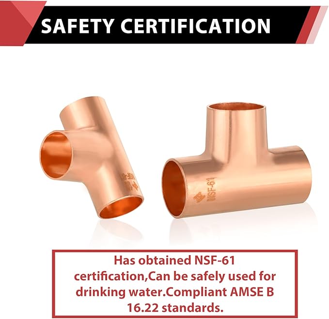 5-Pack EFIELD 5/8" X 5/8" X 5/8" C X C X C Copper Tee, LF Copper Plumbing Fittings with Sweat Solder Connection,(COPPER104)