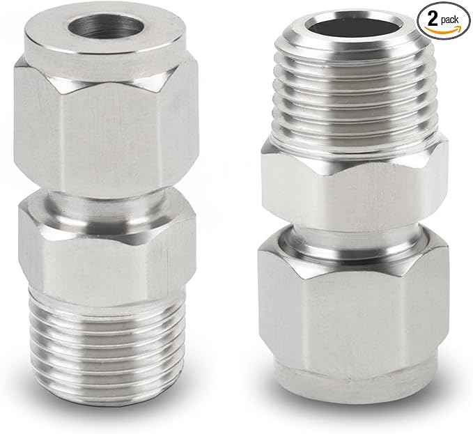 Yoebor Stainless Steel 304 Compression Tube Fitting Straight Adapter Connector with Double Ferrules OD x NPT Male,Pack of 2 (1/2" OD x 3/8" NPT Male)
