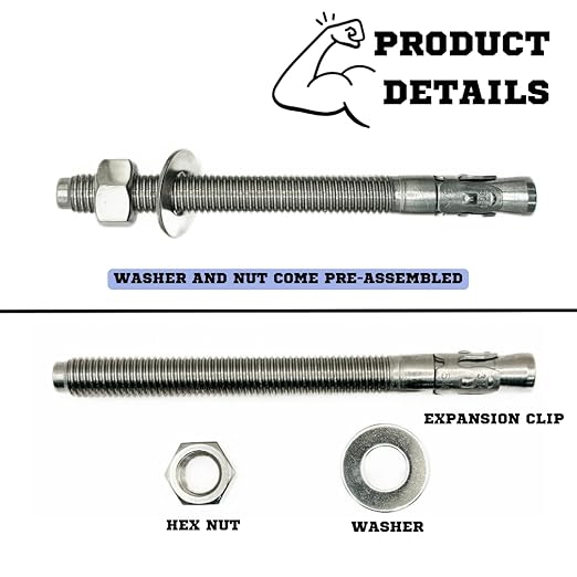 Wedge Anchors – Heavy-Duty 304 Stainless Steel Expansion Bolts for Concrete & Masonry, Rust-Resistant & Durable - 5/8" X 7" - 50 Pack
