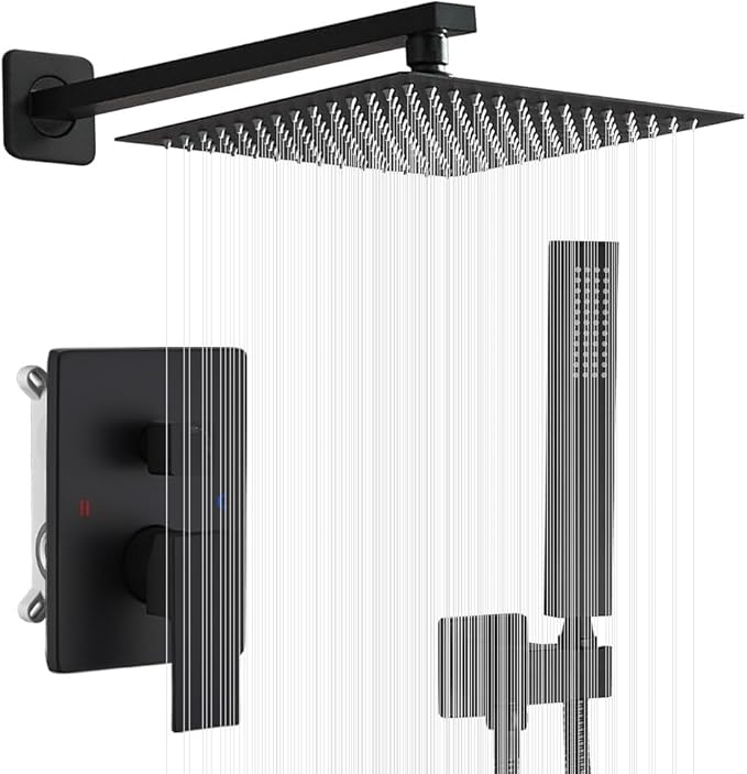 Matte Black Shower System 12 Inch Bathroom Luxury Rain Mixer Shower Combo Set Wall Mounted Rainfall Shower Head and Handheld System Shower Faucet Set Rough-in Valve Body and Trim Kit