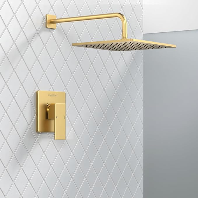 Lava Odoro 12-inch Modern Square Shower Faucet Set Brushed Gold, Shower Trim Kit with Rough-in Valve High Pressure Gold Rainfall Shower Head and Handle Set, (Valve Included), SF106-SG